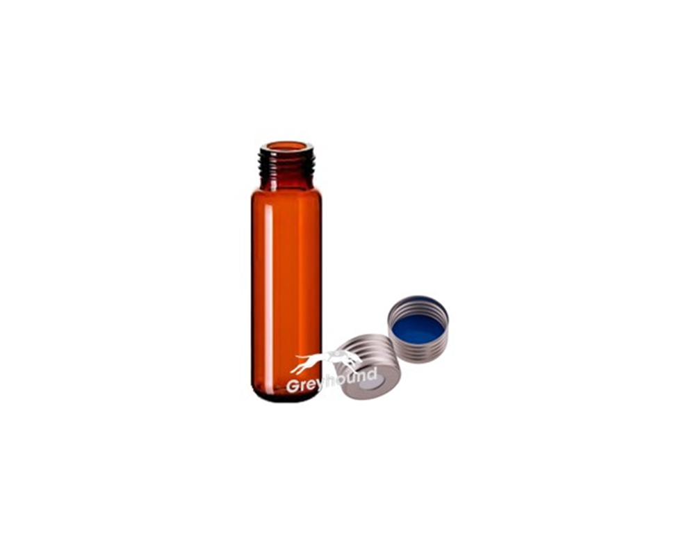 Picture of Vial Kit - P/Nos. 60-100286-A and 60-100915  20mL Headspace Vial, Screw Top, Amber Glass, Rounded Base + 18mm Magnetic Screw Cap (Silver) with pre-fitted PTFE/Blue Silicone Septa, (Shore A 40) Q-Clean